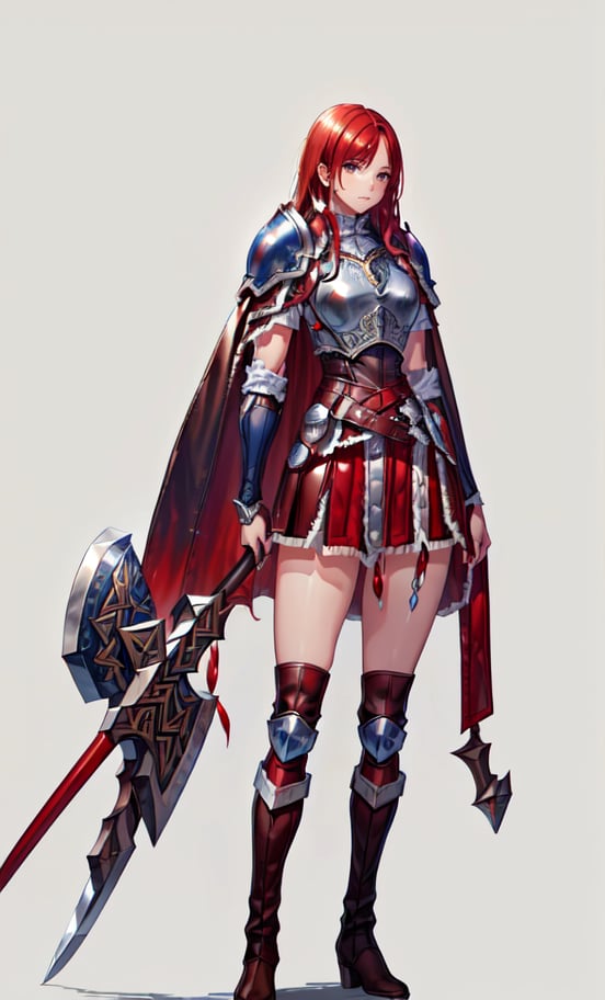 
(masterpiece, best quality:1.2), Character design, ((1 girl, solo)), viking warrior, slim body, medium chest, skinny waist, ((long red hair)). blue eyes. (((leather armor))), ((large skirt)), (belt), (((boots, intricate details))), (((lfur cape))), (((advanced weapon fantasy plasma sword in right hand))), (((shield viking left hand))), (standing), (((front view))), plain gray background, masterpiece, HD high quality, 8K ultra high definition, ultra definition,