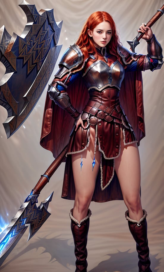 
(masterpiece, best quality:1.2), Character design, ((1 girl, solo)), viking warrior, slim body, medium chest, skinny waist, ((long red hair)). blue eyes. (((leather armor))), ((large skirt)), (belt), (((boots, intricate details))), (((lfur cape))), (((advanced weapon fantasy plasma sword in right hand))), (((shield viking left hand))), (standing), (((front view))), plain gray background, masterpiece, HD high quality, 8K ultra high definition, ultra definition,Masterpiece