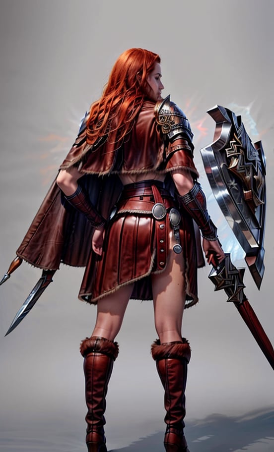 
(masterpiece, best quality:1.2), Character design, ((1 girl, solo)), viking warrior, slim body, medium chest, skinny waist, ((long red hair)). blue eyes. (((leather armor))), ((large skirt)), (belt), (((boots, intricate details))), (((lfur cape))), (((advanced weapon fantasy plasma sword in right hand))), (((shield viking left hand))), (standing), (((back view))), plain gray background, masterpiece, HD high quality, 8K ultra high definition, ultra definition,Masterpiece