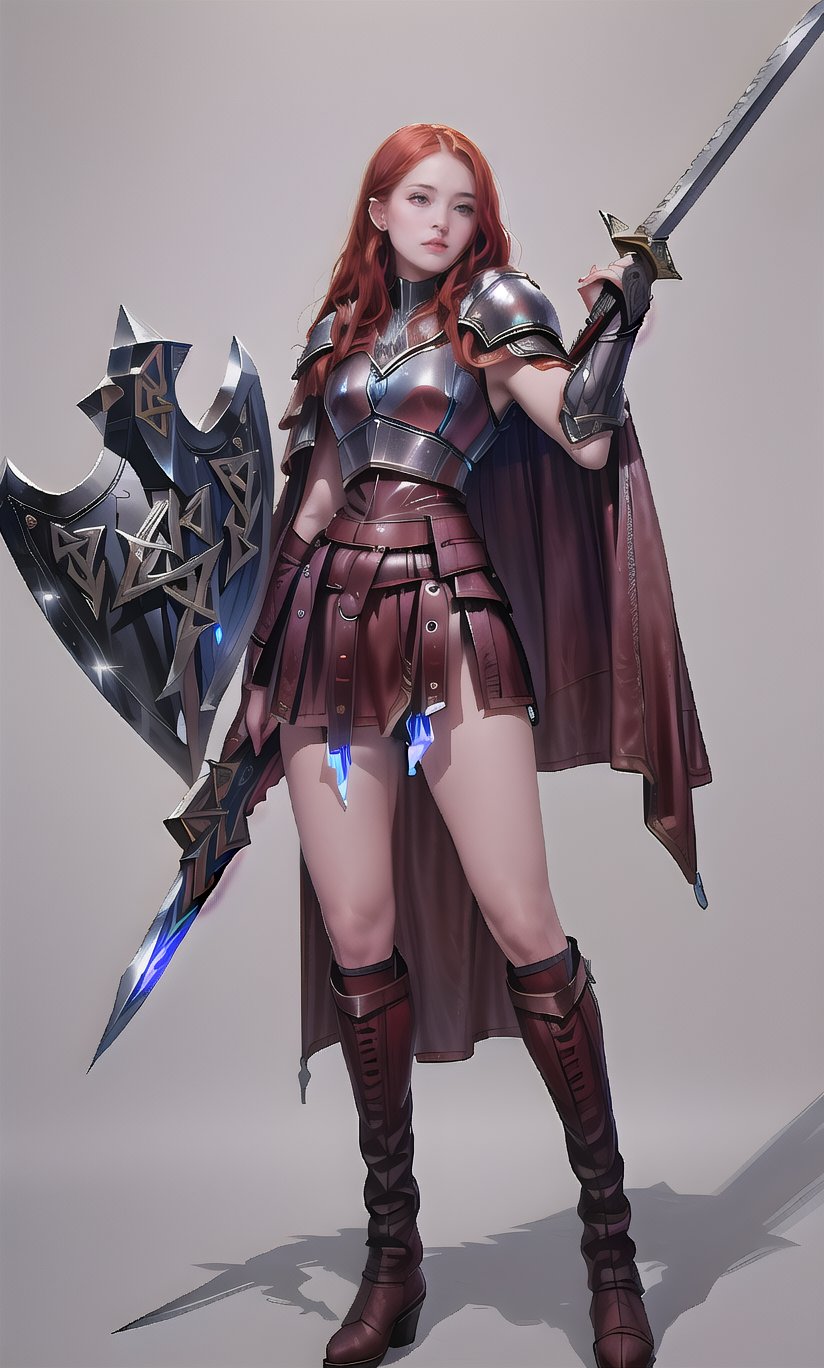 
(masterpiece, best quality:1.2), Character design, ((1 girl, solo)), viking warrior, slim body, medium chest, skinny waist, ((long red hair)). blue eyes. (((leather armor))), ((large skirt)), (belt), (((boots, intricate details))), (((lfur cape))), (((advanced weapon fantasy plasma sword in right hand))), (((shield viking left hand))), (standing), (((front view))), plain gray background, masterpiece, HD high quality, 8K ultra high definition, ultra definition,Masterpiece