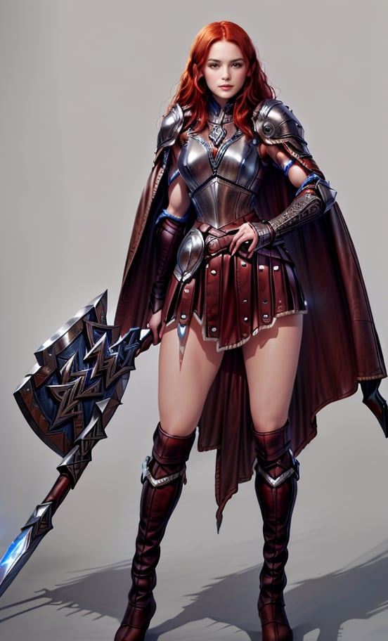 
(masterpiece, best quality:1.2), Character design, ((1 girl, solo)), viking warrior, slim body, medium chest, skinny waist, ((long red hair)). blue eyes. (((leather armor))), ((large skirt)), (belt), (((boots, intricate details))), (((lfur cape))), (((advanced weapon fantasy plasma sword in right hand))), (((shield viking left hand))), (standing), (((front view))), plain gray background, masterpiece, HD high quality, 8K ultra high definition, ultra definition,