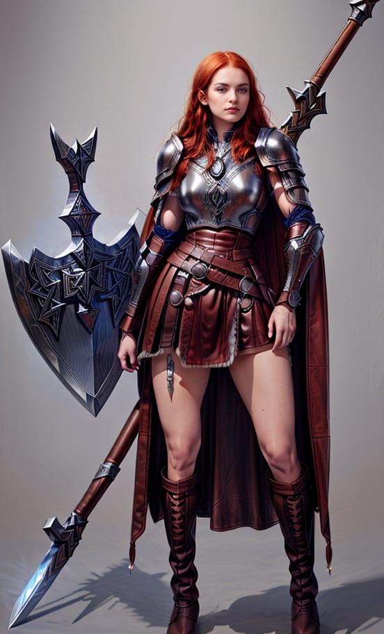 
(masterpiece, best quality:1.2), Character design, ((1 girl, solo)), viking warrior, slim body, medium chest, skinny waist, ((long red hair)). blue eyes. (((leather armor))), ((large skirt)), (belt), (((boots, intricate details))), (((lfur cape))), (((advanced weapon fantasy plasma sword in right hand))), (((shield viking left hand))), (standing), (((front view))), plain gray background, masterpiece, HD high quality, 8K ultra high definition, ultra definition,Masterpiece