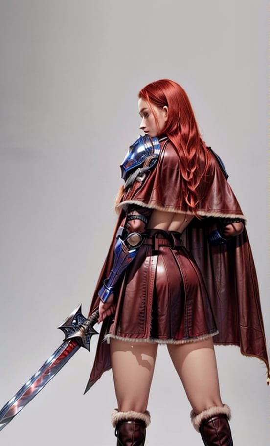 
(masterpiece, best quality:1.2), Character design, ((1 girl, solo)), viking warrior, slim body, medium chest, skinny waist, ((long red hair)). blue eyes. (((leather armor))), ((large skirt)), (belt), (((boots, intricate details))), (((lfur cape))), (((advanced weapon fantasy plasma sword in right hand))), (standing), (((side body view))), plain gray background, masterpiece, HD high quality, 8K ultra high definition, ultra definition,