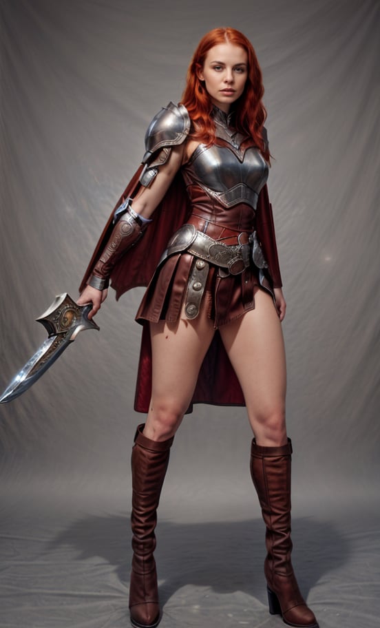 
(masterpiece, best quality:1.2), Character design, ((1 girl, solo)), viking warrior, slim body, medium chest, skinny waist, ((long red hair)). blue eyes. (((leather armor))), ((large skirt)), (belt), (((boots, intricate details))), (((lfur cape))), (((advanced weapon fantasy plasma sword in right hand))), (standing), (((front body view))), plain gray background, masterpiece, HD high quality, 8K ultra high definition, ultra definition,