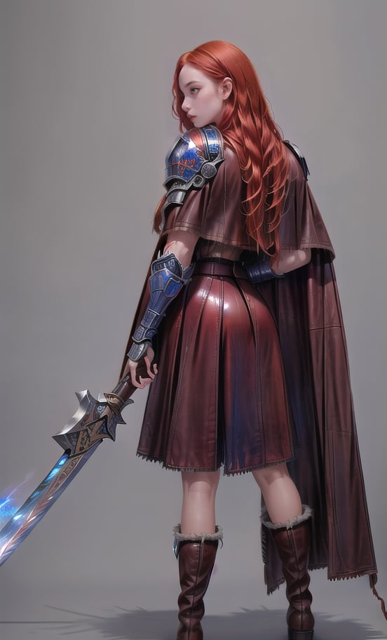 
(masterpiece, best quality:1.2), Character design, ((1 girl, solo)), viking warrior, slim body, medium chest, skinny waist, ((long red hair)). blue eyes. (((leather armor))), ((large skirt)), (belt), (((boots, intricate details))), (((lfur cape))), (((advanced weapon fantasy plasma sword in right hand))), (standing), (((side body view))), plain gray background, masterpiece, HD high quality, 8K ultra high definition, ultra definition,