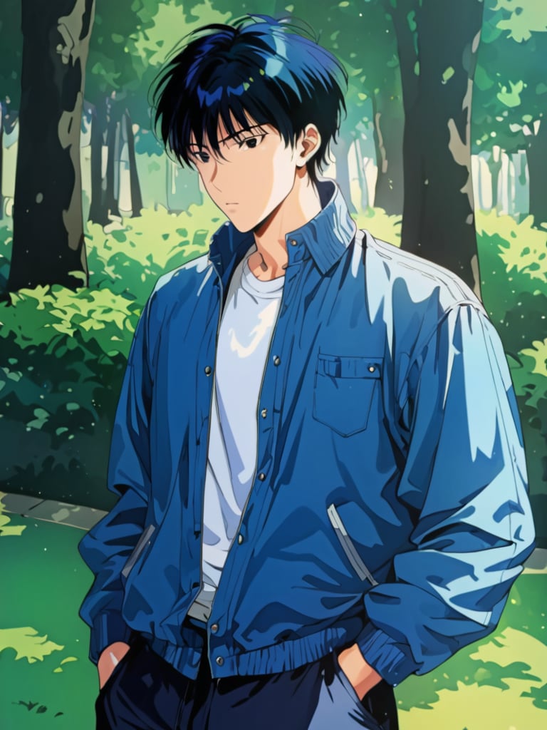 (kaed3rukawa), black hair, black eyes, blue school jacket, in the park, cowboy shot, hands in pocket, ultra high definition, masterpiece, best quality, 1080p, retro artstyle