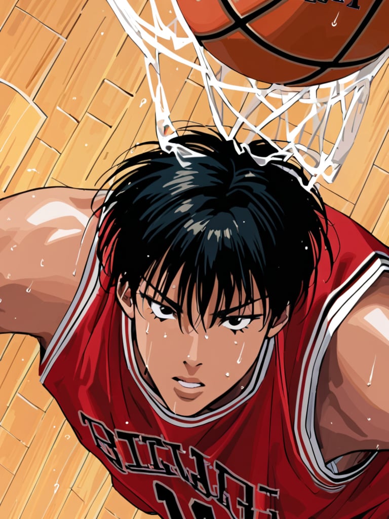 (kaed3rukawa), black hair, black eyes, dunk, basketball hoop, jump, basketball, red basketball uniform, red shorts, basketball shoes, motion blur, wooden floor, sweat, top down view, ultra high definition, masterpiece, best quality, 1080p, retro artstyle