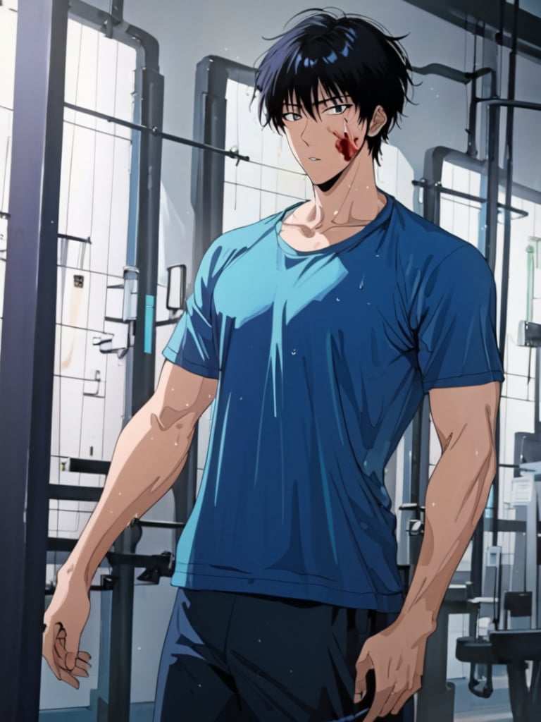 (kaed3rukawa), black hair, blue tshirt, standing, blood on face, normal build, cowboy shot, in the gym, ultra high definition masterpiece, best quality, 1080p, retro artstyle