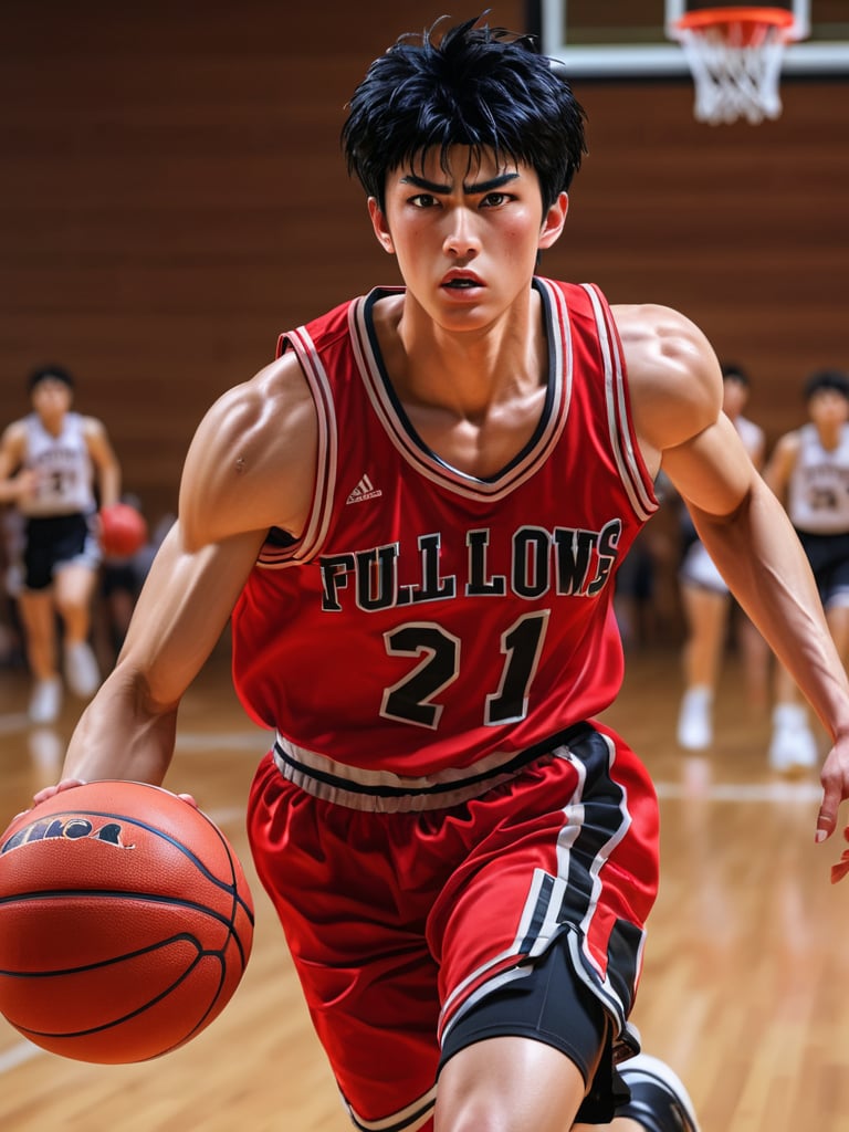  (kaed3rukawa), black hair, black eyes, serious, red basketball uniform, running, motion blur, wooden floor, sweat, cowboy shot, ultra high definition, masterpiece, best quality, 1080p, photorealistic