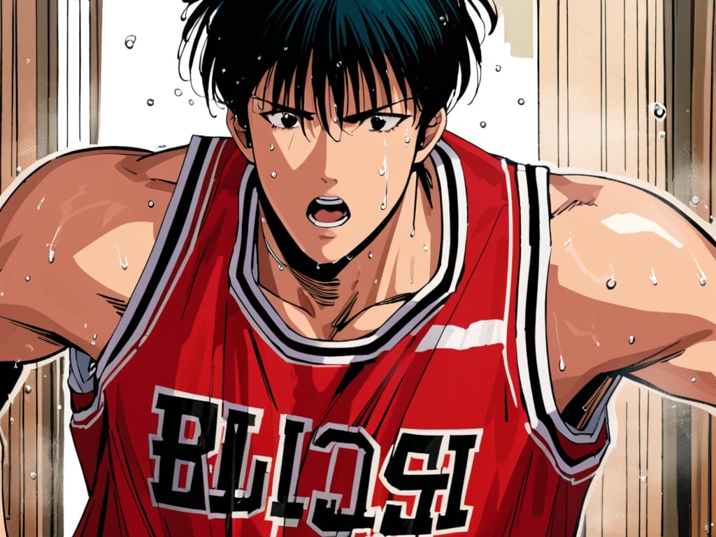 (kaed3rukawa), black hair, black eyes, open mouth, red basketball uniform, running, wooden floor, sweat, ultra high definition, masterpiece, best quality, 1080p, retro artstyle