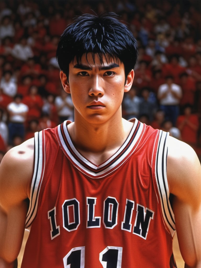 photograph of (kaed3rukawa), black hair, black eyes, serious, red basketball uniform, holding, basketball, wooden floor, sweat, cowboy shot, ultra high definition, masterpiece, best quality, 1080p, photorealistic