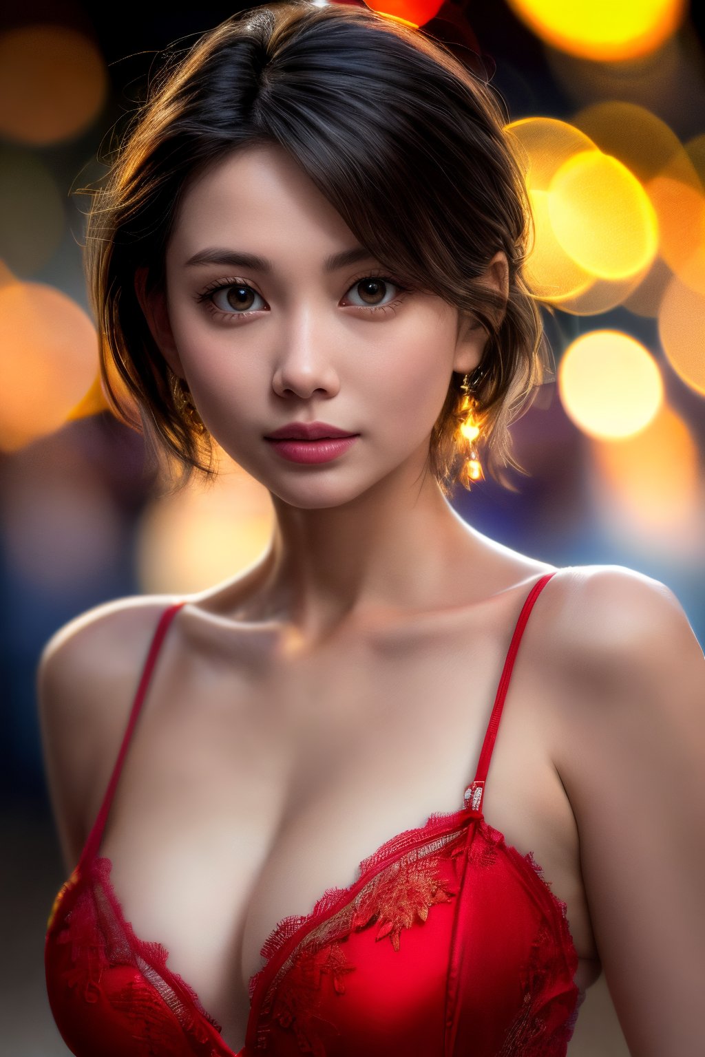 1 girl, (very beautiful facial detail), (best quality), 8K resolution, high resolution, (photorealistic, high resolution), raw photo, (realistic, photorealistic), (Gorgeous red lace nightdress with wide open chest), lips, (big breasts), short bob hair, black hair, bangs, parted lips, stare, nose, fine skin details, realistic, subject depth of field, face light, (((bokeh))), masterpiece, textured skin, high details, close at close range, makeup,Chingmy, HKgirl03