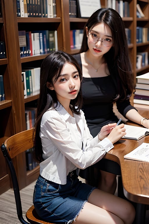 2 girls, looking at audience, smile, black hair, 鄰家女孩,full_body,Wearing glasses, biting a pen, studying in the library