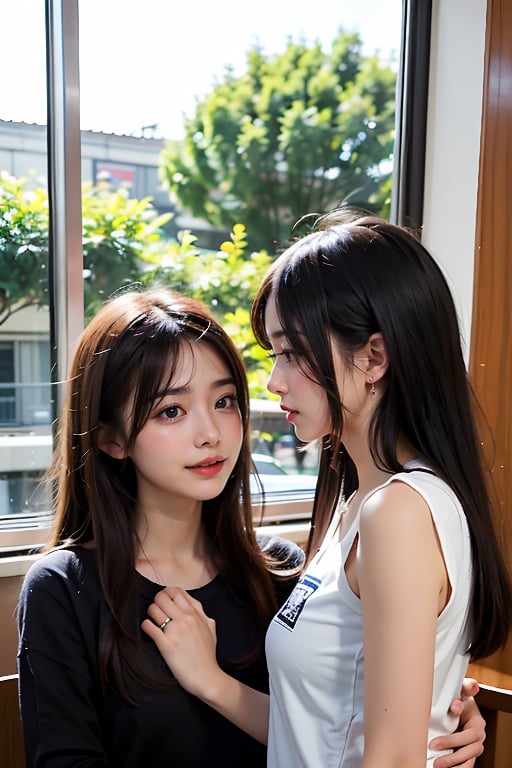 2 girls, looking at audience, smile, black hair, 鄰家女孩,full_body,Female students blowing air by the window