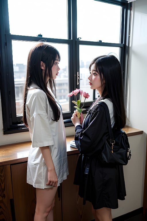 2 girls, black hair, 鄰家女孩,full_body,Female students are blowing the wind by the window and holding a flower in her hand