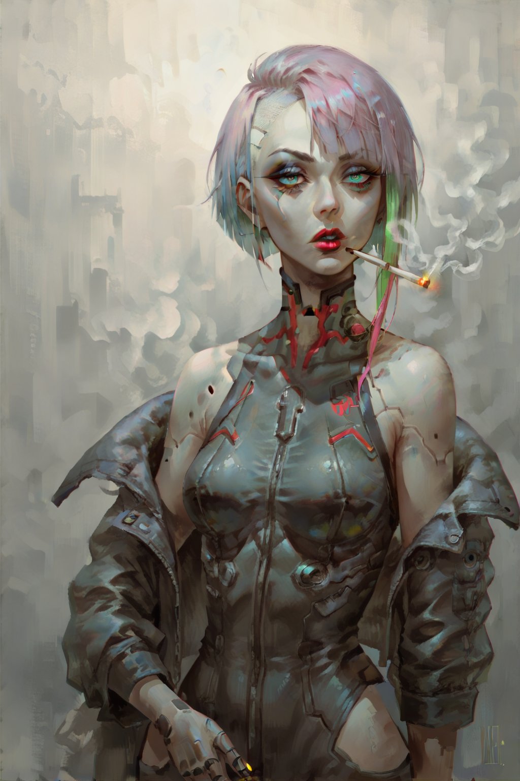 score_9, score_8, score_7, score_8_up, score_7_up, score_6_up, Lucy\Cyberpunk\), 1girl, solo, looking at viewer, short hair, bangs, holding, bare shoulders, jacket, upper body, multicolored hair, parted lips, off shoulder, bodysuit, makeup, smoke, cigarette, multicolored eyes, smoking, red lips, cyborg, holding cigarette<lora:EMS-332950-EMS:0.800000>