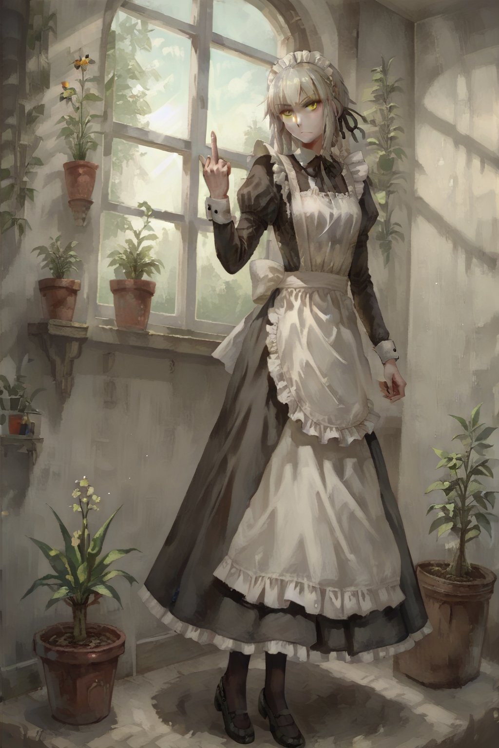 score_9, score_8_up, score_7_up BREAK 1girl, clothed, saber alter, indoors, potted plant, window, sunlight, by kasumi \(skchkko\), looking at viewer, serious, dutch angle, maid uniform, braid, double middle finger<lora:EMS-332950-EMS:0.800000>