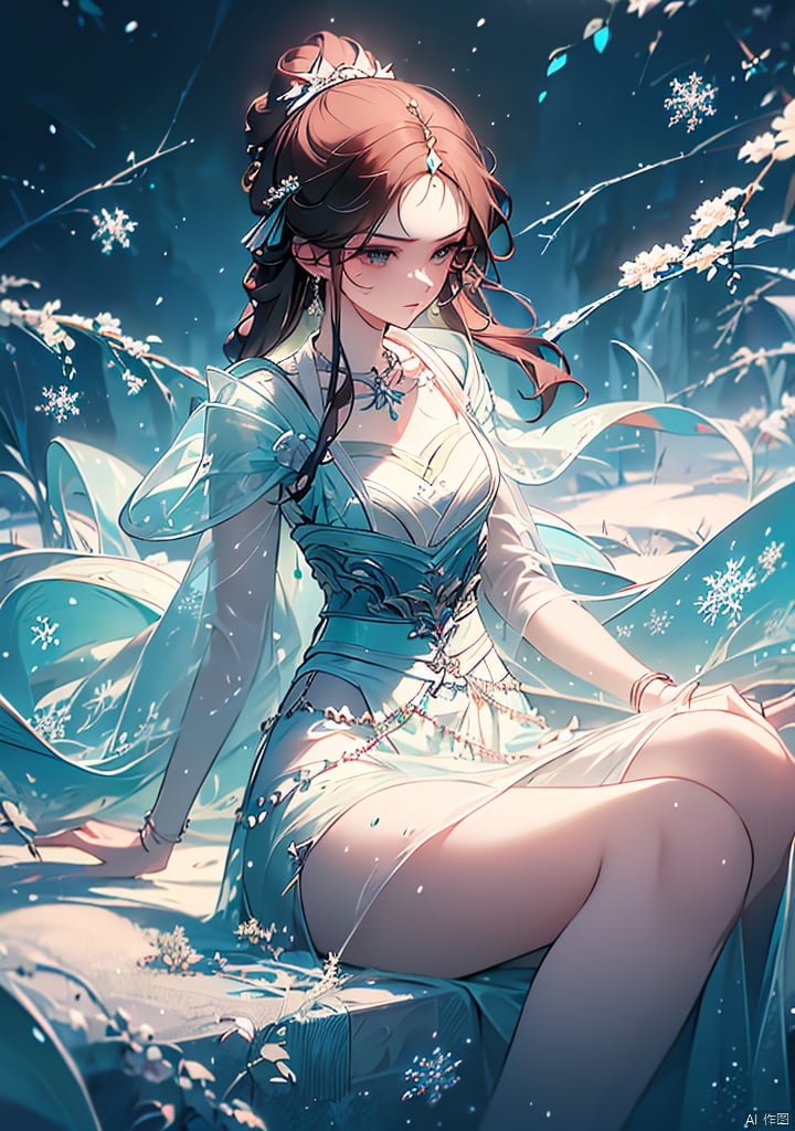  Medium: Ultra-fine painting. Subject: A young woman in a white dress adorned with jade jewelry,sitting gracefully. She is surrounded by an elegant white loong. Emotion: Tranquil. Lighting: Soft,highlighting the snowflakes. Scene: A snowy landscape with delicate snowflakes falling around her and the loong. Style: Ultra-detailed realism with a colorful palette., yifu, girl