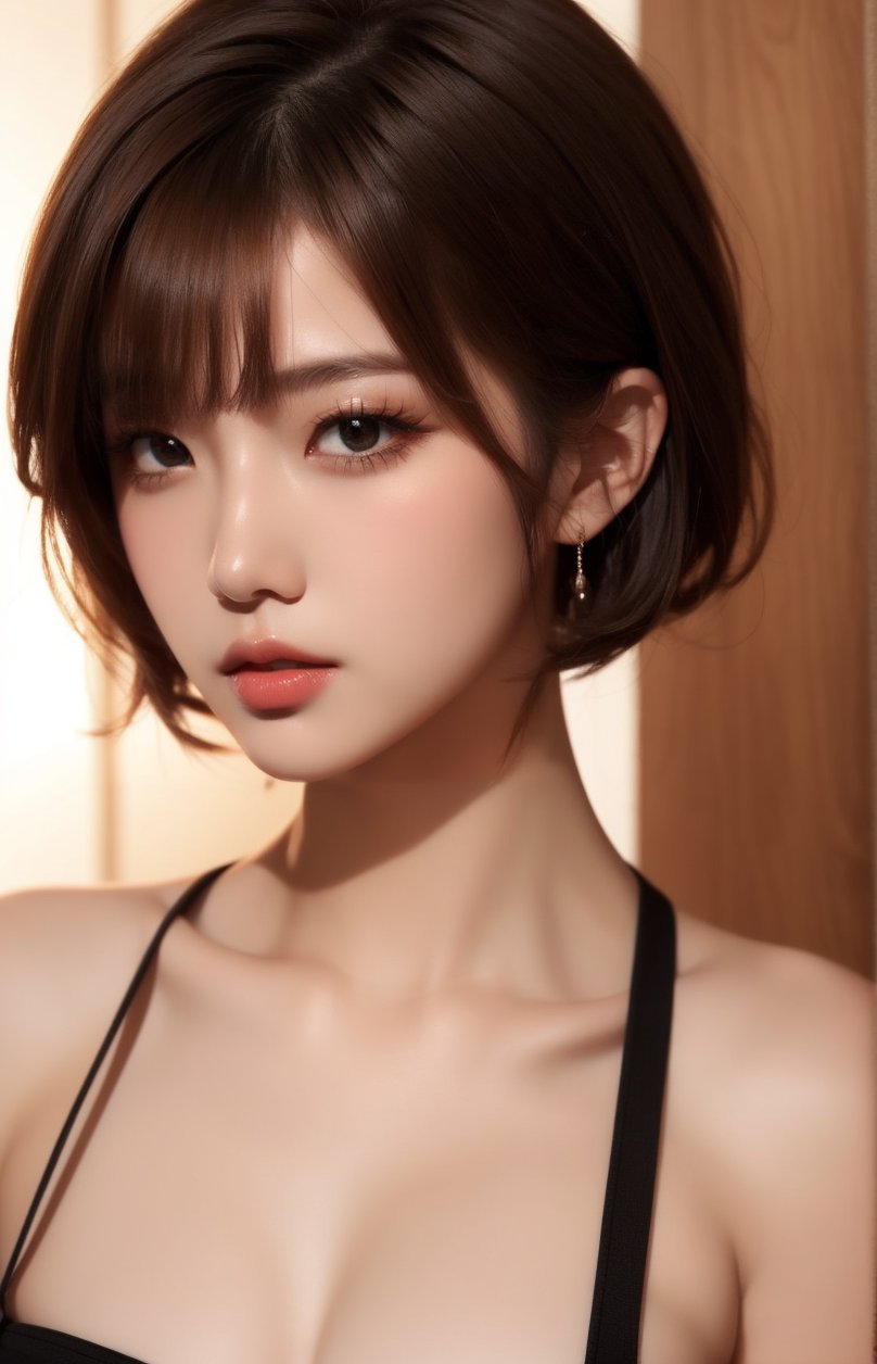 1girl, solo, looking at viewer, short hair, simple background, brown hair, bare shoulders, brown eyes, collarbone, upper body, black eyes, lips, portrait, realistic, nose,,KKK