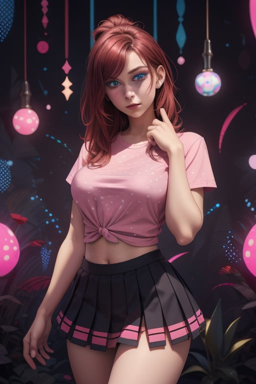 Charlie Kyrn is a beautiful young woman of 19 years old, her red_brown hair and her eyes are blue. she has big breasts. She wears a pink shirt with white dots. she is wearing a black pleated miniskirt. In the background it is an abstract and psychedelic composition of neon art. Interactive image. Highly detailed. 1girl, Charlie Kyrn, sciamano240, Fantasy Style Background