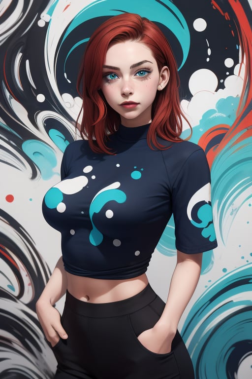 Charlie Kyrn is a beautiful young woman of 19 years old, her red_brown hair and her eyes are blue. she has big breasts. She wears a navy blue shirt with white dots. In the background it is an abstract and psychedelic composition of art in full color (red, turquoise, black and white). Interactive image. Highly detailed. 1girl, Charlie Kyrn, sciamano240, Fantasy Style Background