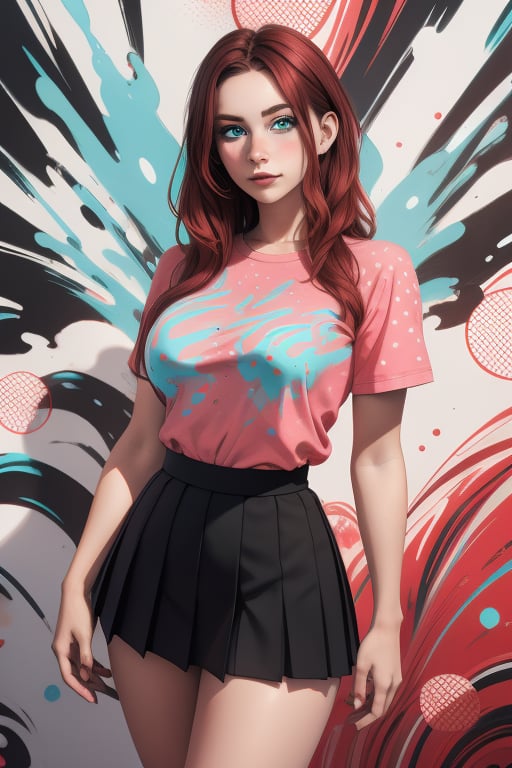 Charlie Kyrn is a beautiful young woman of 19 years old, her red_brown hair and her eyes are blue. she has big breasts. She wears a pink shirt with white dots. she is wearing a black pleated miniskirt. In the background it is an abstract and psychedelic composition of art in full color (red, turquoise, black and white). Interactive image. Highly detailed. 1girl, Charlie Kyrn, sciamano240, Fantasy Style Background
