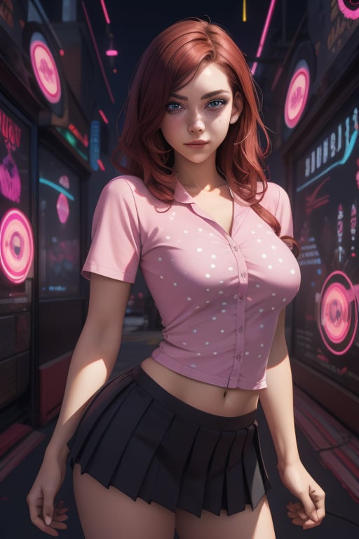 Charlie Kyrn is a beautiful young woman of 19 years old, her red_brown hair and her eyes are blue. she has big breasts. She wears a pink shirt with white dots. she is wearing a black pleated miniskirt. In the background it is an abstract and psychedelic composition of neon art. Interactive image. Highly detailed. 1girl, Charlie Kyrn, sciamano240, Fantasy Style Background