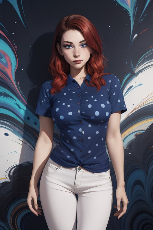 Charlie Kyrn is a beautiful young woman of 19 years old, her hair is brown, red and her eyes are blue. she has big breasts. She wears a navy blue shirt with white dots. In the background it is an abstract and psychedelic composition of art in full color. Interactive image. Highly detailed. 1girl, Charlie Kyrn, sciamano240, Fantasy Style Background