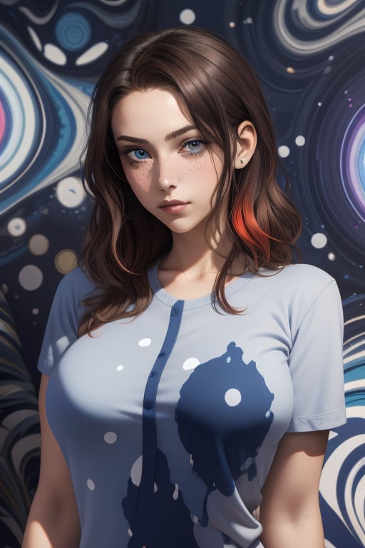 Charlie Kyrn is a beautiful young woman of 19 years old, her hair is brown, red and her eyes are blue. she has big breasts. She wears a navy blue shirt with white dots. In the background it is an abstract and psychedelic composition of art in full color. Interactive image. Highly detailed. 1girl, Charlie Kyrn, sciamano240, Fantasy Style Background