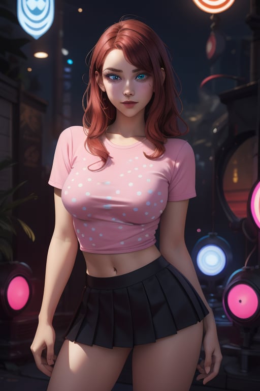Charlie Kyrn is a beautiful young woman of 19 years old, her red_brown hair and her eyes are blue. she has big breasts. She wears a pink shirt with white dots. she is wearing a black pleated miniskirt. In the background it is an abstract and psychedelic composition of neon art. Interactive image. Highly detailed. 1girl, Charlie Kyrn, sciamano240, Fantasy Style Background