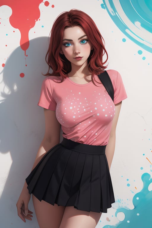 Charlie Kyrn is a beautiful young woman of 19 years old, her red_brown hair and her eyes are blue. she has big breasts. She wears a pink shirt with white dots. she is wearing a black pleated miniskirt. In the background it is an abstract and psychedelic composition of art in full color (red, turquoise, black and white). Interactive image. Highly detailed. 1girl, Charlie Kyrn, sciamano240, Fantasy Style Background