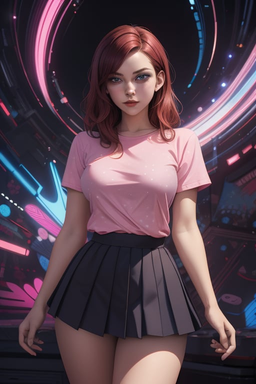 Charlie Kyrn is a beautiful young woman of 19 years old, her red_brown hair and her eyes are blue. she has big breasts. She wears a pink shirt with white dots. she is wearing a black pleated miniskirt. In the background it is an abstract and psychedelic composition of neon art. Interactive image. Highly detailed. 1girl, Charlie Kyrn, sciamano240, Fantasy Style Background