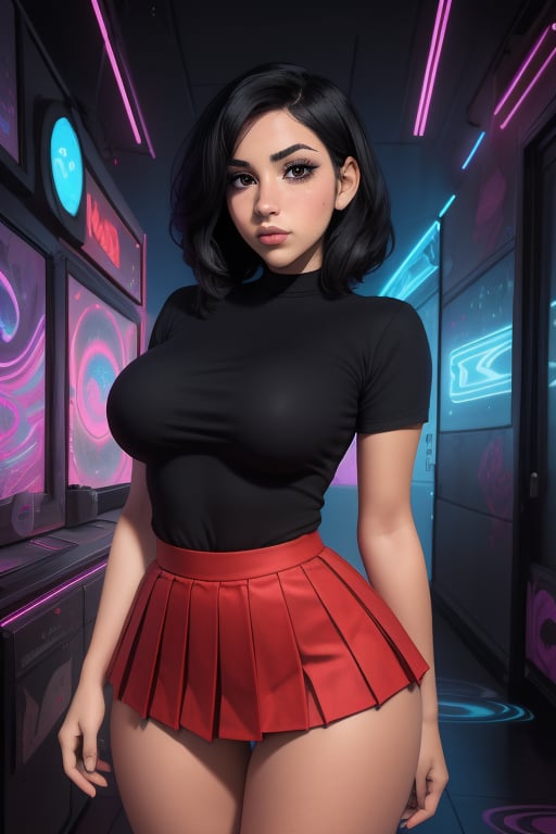 Jane Marie is a young 25-year-old Latina. She has black hair, brown eyes, and tan skin. She has big breasts and wide hips. She is wearing a black shirt and a red pleated mini skirt. In the background it is an abstract and psychedelic composition of neon art. Interactive image. Highly detailed. 1girl, Jane Marie, sciamano240, Fantasy Style Background