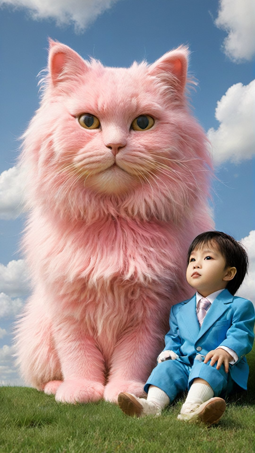 A pink cat with fluffy fur is sitting on the grass, and in front of it sits an Asian babyboy wearing fashion suits. The sky above them has blue clouds, creating a realistic photo style. This scene was captured in the style of Hayao Miyazaki using high definition photography technology. It features a cute giant furry animal character, with detailed details that make people fall under its gaze.