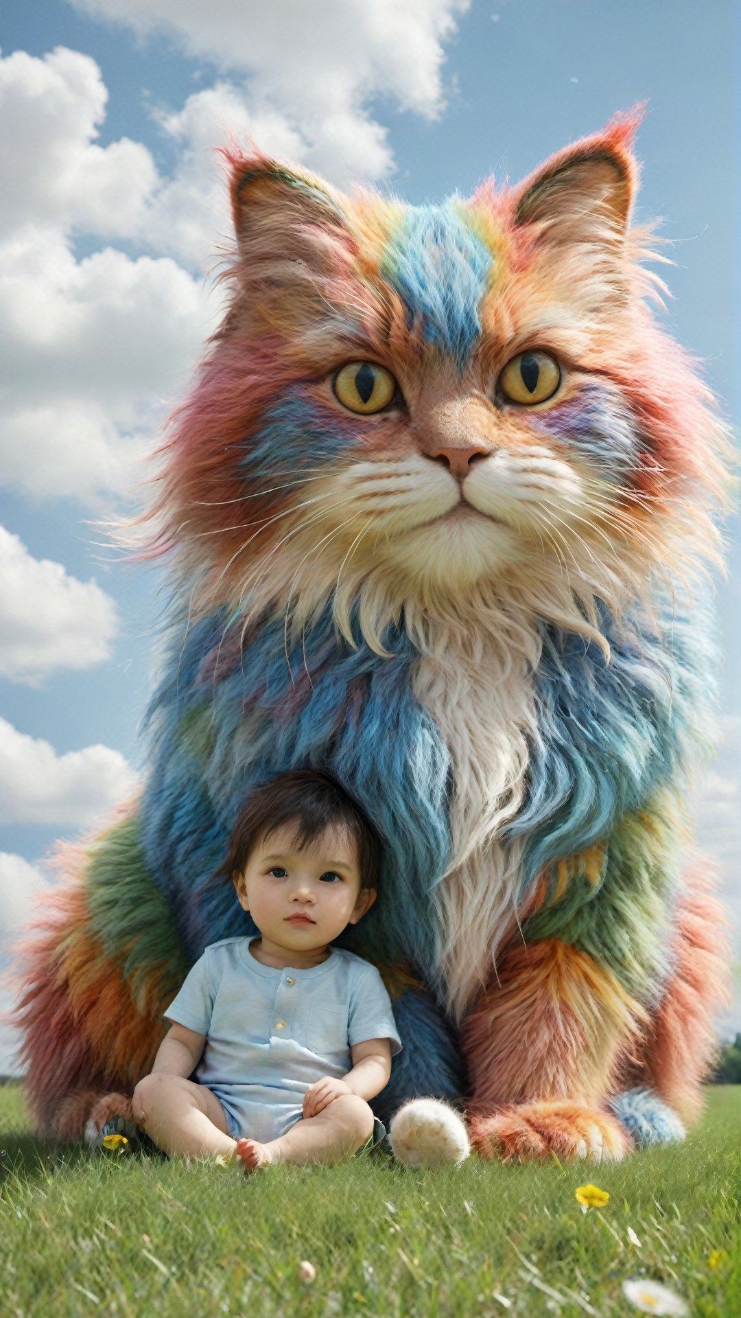 A multicolor giant cat with fluffy fur sitting on the grass, next to it sits an adorable babyboy (((looking at viewer))) . The blue sky has white clouds. In the style of hyper-realistic, high definition photography, movie stills, children's book illustrations, colorful animation stills, hyperrealistic details depict childlike innocence