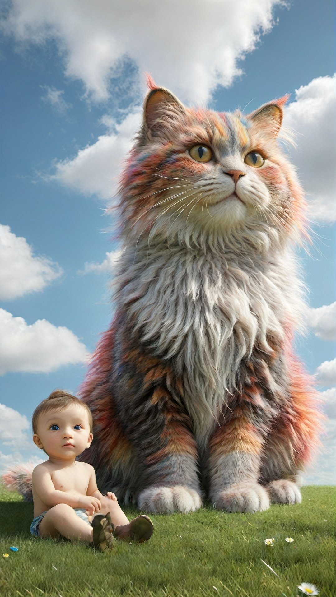 A multicolor giant cat with fluffy fur sitting on the grass, next to it sits an adorable babyboy (((looking at viewer))) . The blue sky has white clouds. In the style of hyper-realistic, high definition photography, movie stills, children's book illustrations, colorful animation stills, hyperrealistic details depict childlike innocence