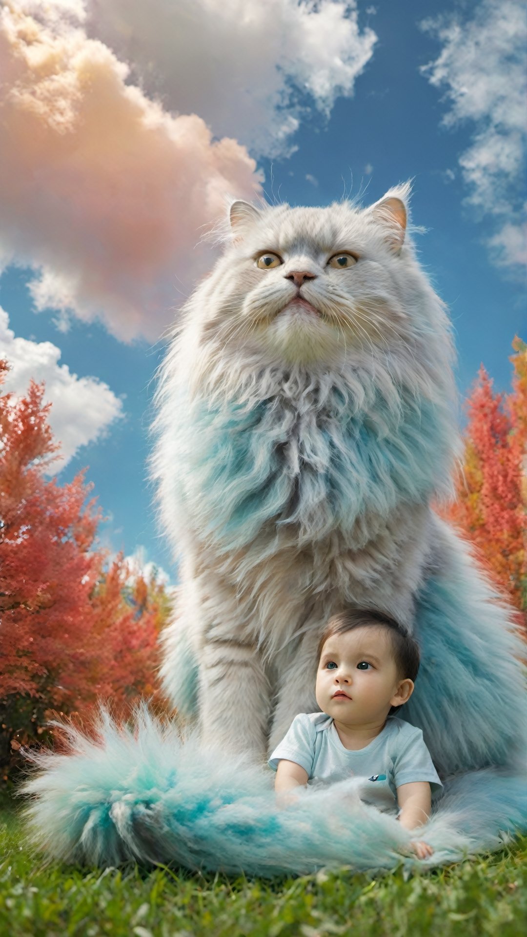 A multicolor giant cat with fluffy fur sitting on the grass, next to it sits an adorable babyboy (((looking at viewer))) . The blue sky has white clouds. In the style of hyper-realistic, high definition photography, movie stills, children's book illustrations, colorful animation stills, hyperrealistic details depict childlike innocence, underwater, colorful smoke