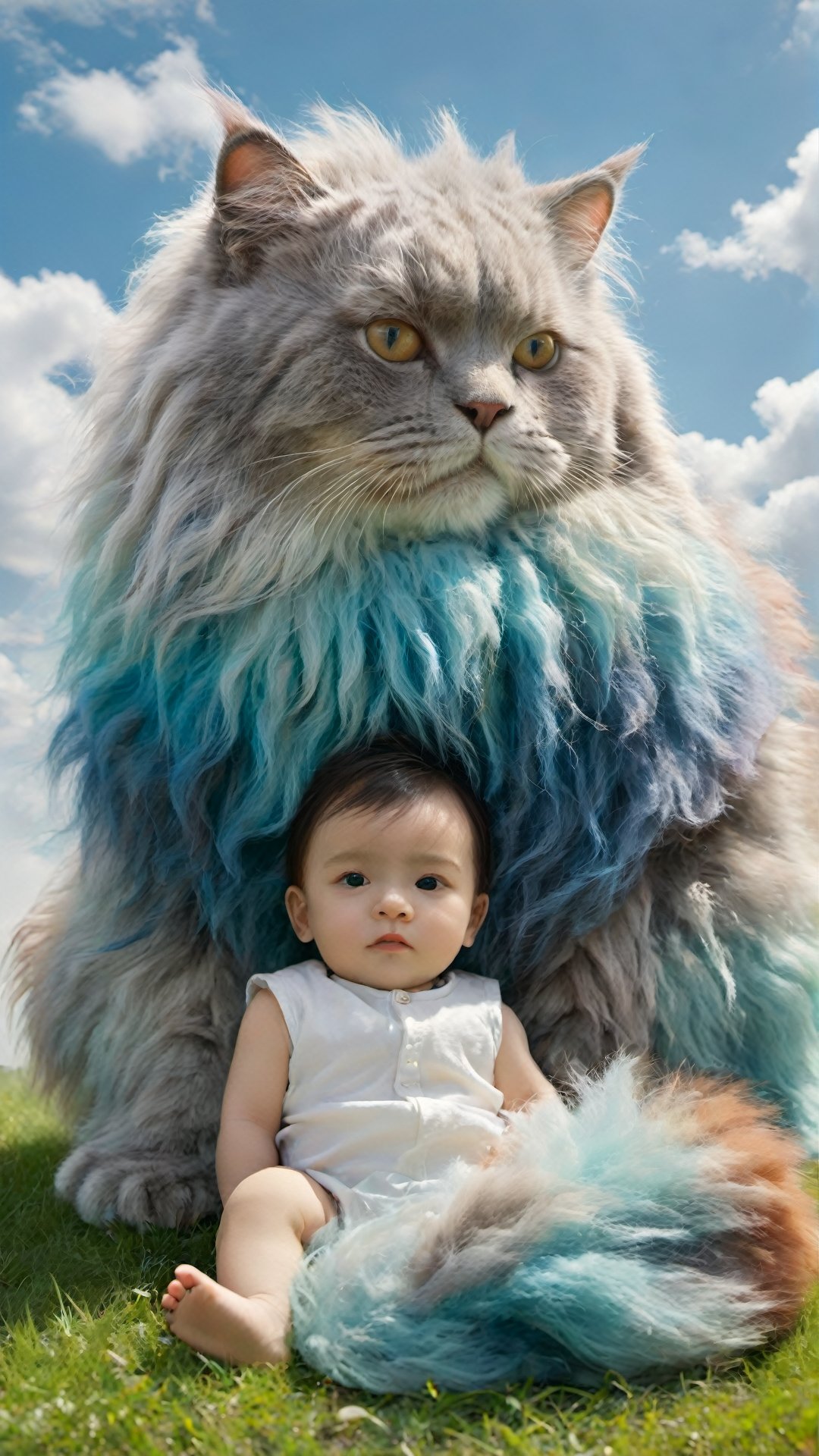 A multicolor giant cat with fluffy fur sitting on the grass, next to it sits an adorable babyboy (((looking at viewer))) . The blue sky has white clouds. In the style of hyper-realistic, high definition photography, movie stills, children's book illustrations, colorful animation stills, hyperrealistic details depict childlike innocence, underwater, colorful smoke