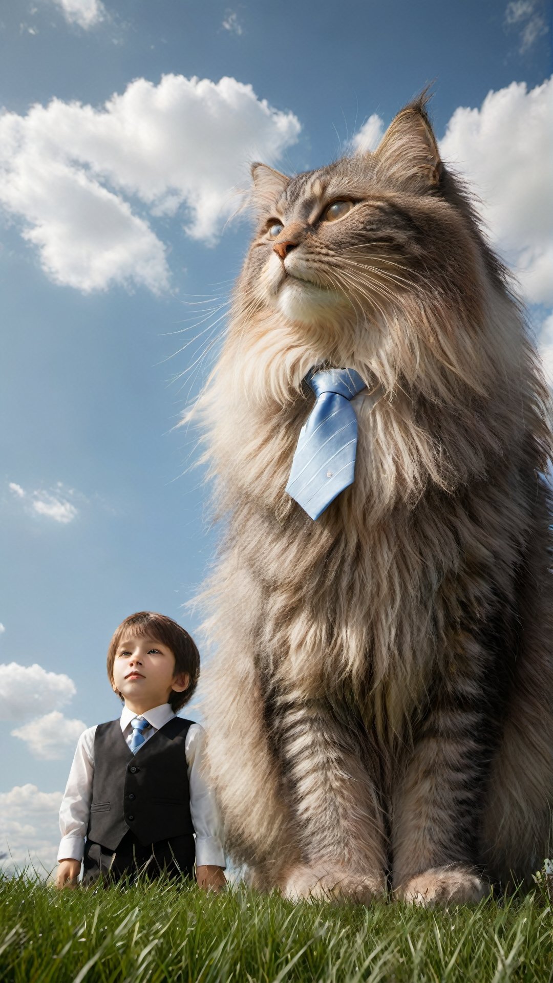 A cute little boy wearing a white vest and tie sitting on the back of an extremely large longhaired cat, standing in tall grass under a blue sky with clouds. The photo has the style of commercial photography, using real photos with super details, movie lighting effects, and natural light. It has fine gloss, depth of field, 3D rendering, high resolution and best quality, high definition