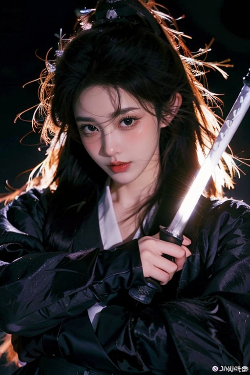 weapon, sword, 1girl, solo, black hair, holding, holding weapon, looking at viewer, long hair, holding sword, closed mouth, scar, twitter username, lips, portrait, black background, scar on face, topknot
