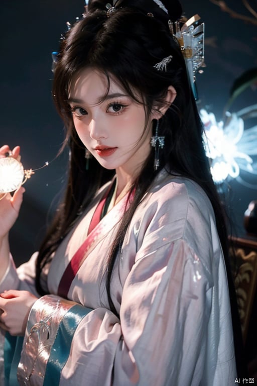 1girl, solo, black hair, red lips, looking at viewer, 1girl, solo, black hair, earrings, jewelry, long hair, chinese clothes, upper body, looking at viewer, smile, hair ornament, closed mouth, hanfu, glowing, realistic