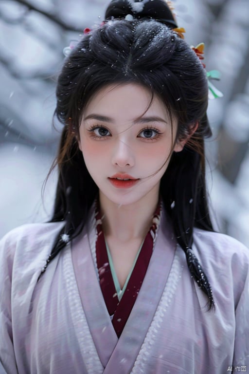 1girl, solo, black hair, red lips, looking at viewer, long hair, japanese clothes, black eyes, realistic, portrait, smile, snow, makeup, lips, closed mouth, lipstick, kimono, snowing