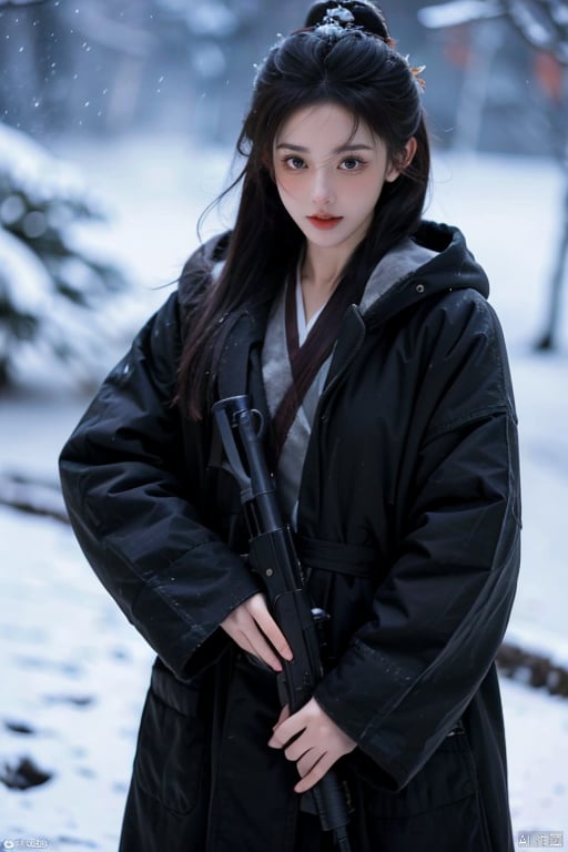 1girl, solo, long hair, weapon, black hair, gun, hair ornament, looking at viewer, black eyes, coat, realistic, closed mouth, lips