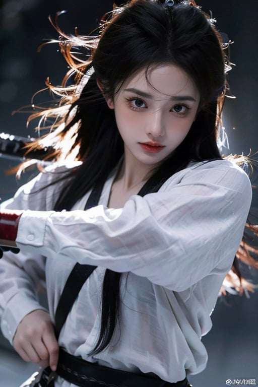 1girl, solo, black hair, weapon, sword, long hair, looking at viewer, realistic, lips, black eyes, holding weapon, holding, upper body, closed mouth, holding sword