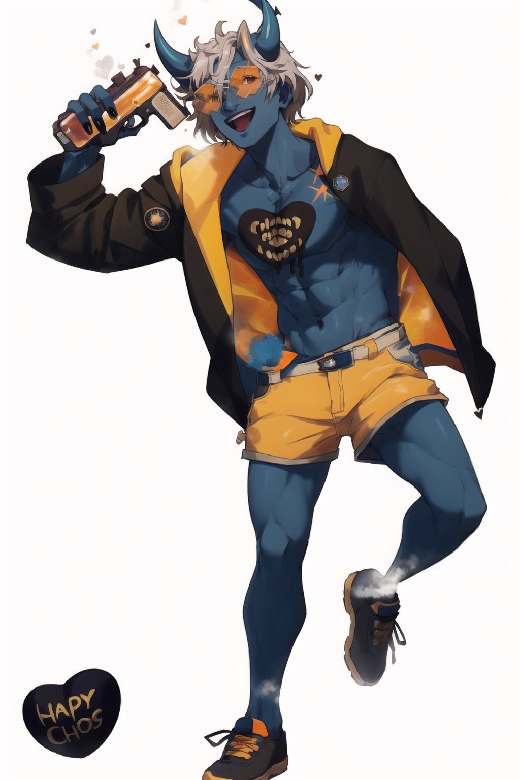 Highly detailed, high quality, masterpiece, beautiful, 1 boy, (Happy Chaos) white hair, blue skin, heart on chest, orange markings on body, black halo, white palms, jacket, one shoulder visible, orange glasses, blue horns, orange eyes, glove on right. Hand, black glove, dark brown jacket, black fingernails, blue skin, full body, wearing baggy shorts, riding, gun in each hand, in a steam punk style city.