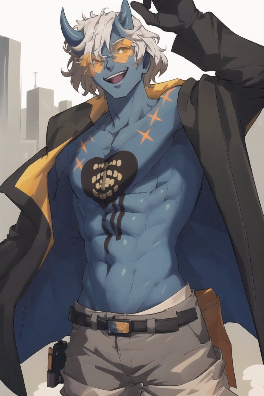 Highly detailed, high quality, masterpiece, beautiful, 1 boy, (Happy Chaos) white hair, blue skin, heart on chest, orange markings on body, black halo, white palms, jacket, one shoulder visible, orange glasses, blue horns, orange eyes, glove on right. Hand, black glove, dark brown jacket, black fingernails, blue skin, full body, wearing baggy shorts, riding, gun in each hand, in a steam punk style city.