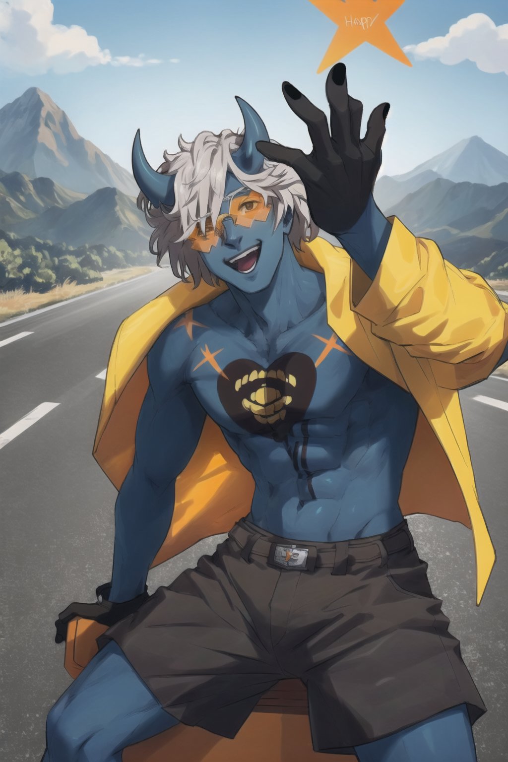 Highly detailed, high quality, masterpiece, beautiful, 1 child, (happy Chaos) white hair, blue skin, heart on chest, orange body markings, black halo, white palms, jacket, one shoulder visible, orange glasses, blue horns, orange eyes, glove on the right. Hand, black glove, dark brown jacket, black nails, blue skin, full body, wearing long baggy shorts, riding a red convertible mustang, on a road, behind him a mountain.