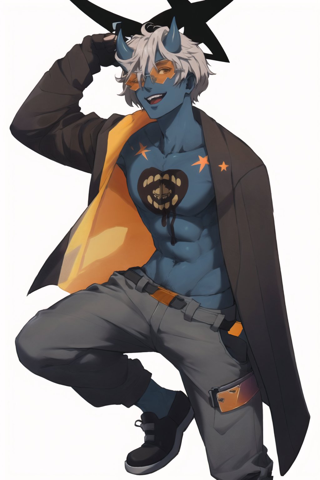 Highly detailed, high quality, masterpiece, beautiful, 1 boy, (Happy Chaos) white hair, blue skin, heart on chest, orange markings on body, black halo, white palms, jacket, one shoulder visible, orange glasses, blue horns, orange eyes, glove on right. Hand, black glove, dark brown jacket, black fingernails, blue skin, full body, wearing short, baggy pants, mounts, a pistol in each hand,
