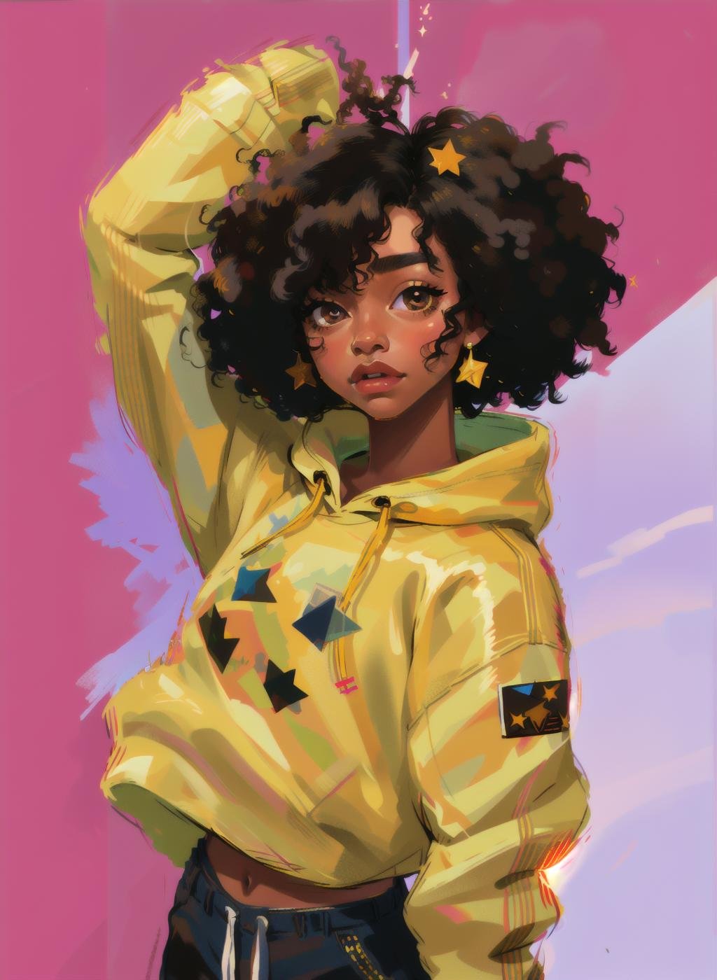 1girl, solo, looking at viewer, simple background, black hair, brown eyes, upper body, dark skin, star (symbol), hair over one eye, black eyes, dark-skinned female, lips, curly hair, drawstring, white hoodie, very dark skin,   <lora:Curly:0.6>