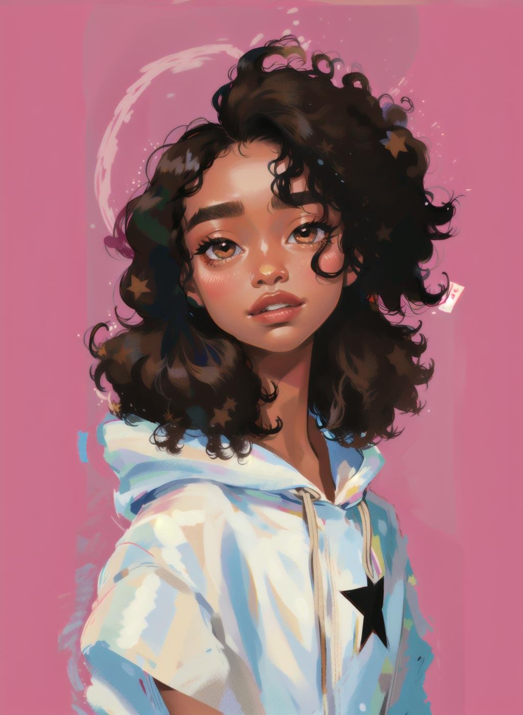 1girl, solo, looking at viewer, simple background, black hair, brown eyes, upper body, dark skin, star (symbol), hair over one eye, black eyes, dark-skinned female, lips, curly hair, drawstring, white hoodie, very dark skin,   <lora:Curly:0.6>